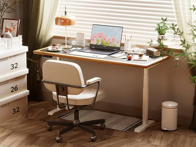Modern Desk And Office Chair Setup With Laptop Tulips Lamp Stationery Blinds On Wood Floor 3d model