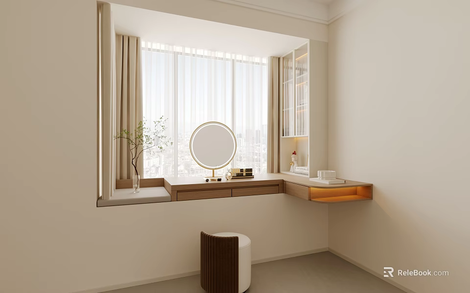 Modern Bay Window Cabinet Vanity with Round Mirror Countertop Light Curtains and Wooden Stool 3d model 