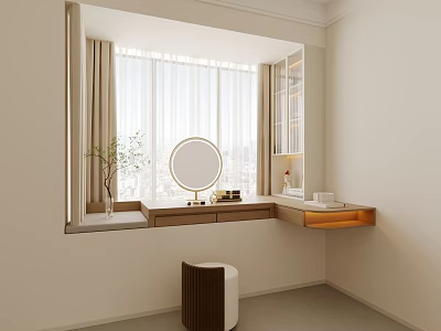 Modern Bay Window Cabinet Vanity with Round Mirror Countertop Light Curtains and Wooden Stool 3d model