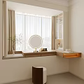 Modern Bay Window Cabinet Vanity with Round Mirror Countertop Light Curtains and Wooden Stool