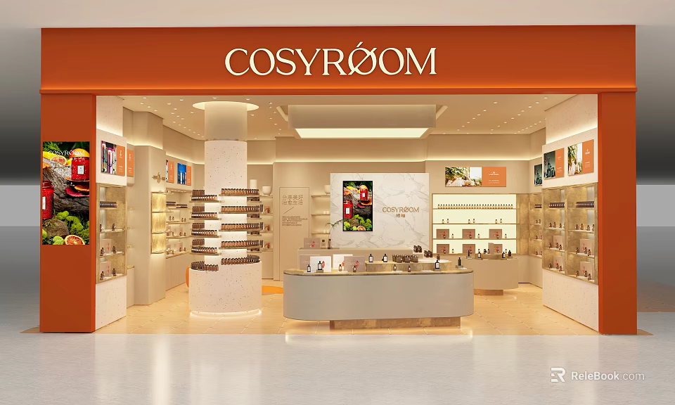 COSYROOM Shopping Mall Counter With Orange Signage And Product Display Shelves 3d model 