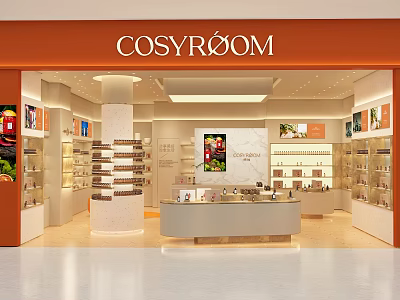 COSYROOM Shopping Mall Counter With Orange Signage And Product Display Shelves 3d model