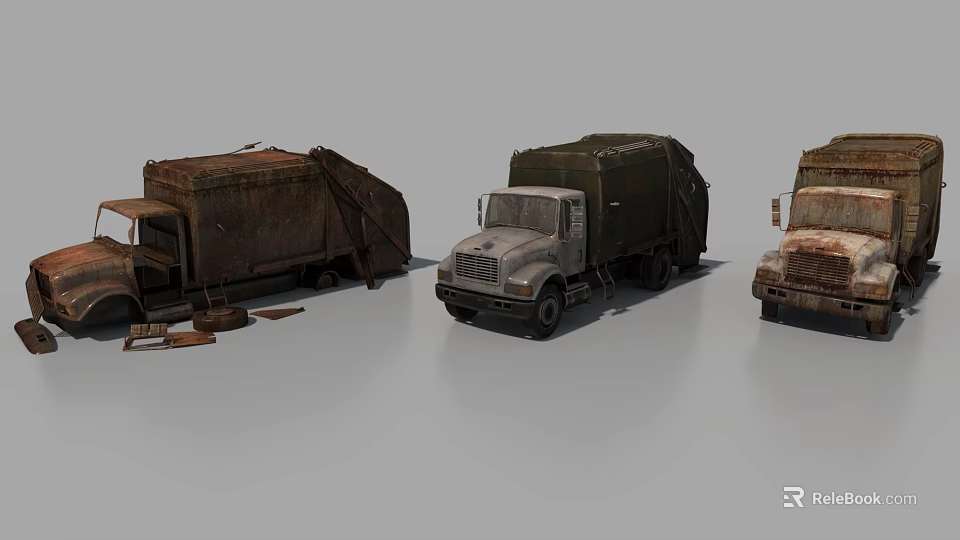 Three Rusty Old Trucks With Worn Bodies And Vintage Exterior Details 3d model 