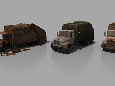Three Rusty Old Trucks With Worn Bodies And Vintage Exterior Details 3d model