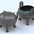 Ancient Style Ceramic Vessels With Lids Ear Shaped Handles And Three Legged Bases