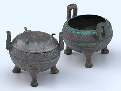 Ancient Style Ceramic Vessels With Lids Ear Shaped Handles And Three Legged Bases 3d model