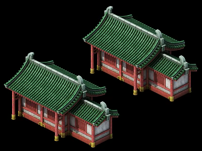 Cartoon Scenic Traditional Chinese Pavilions With Green Tiled Roofs Red Pillars And Yellow Decorations 3d model
