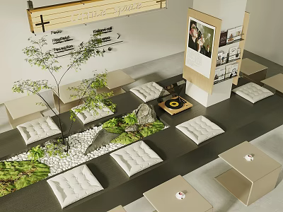Modern Bubble Tea Shop Interior With White Cushions Green Plants And Seating Area 3d model