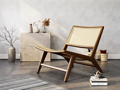 Stylish Leisure Chair With Wooden Frame Woven Back Near Light Cabinet Vases And Gray Rug 3d model
