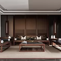 Traditional Chinese Style Living Room Interior With Wooden Sofa Coffee Table And Round Decorative Painting
