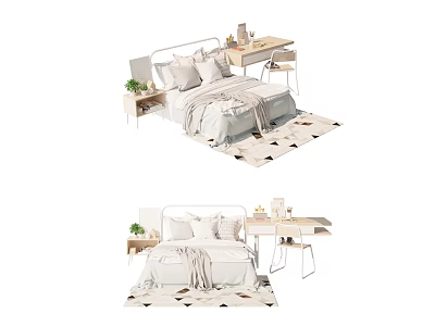 Modern Double Bed With Metal Frame White Bedding Pillows And Side Desk Plant Rug 3d model