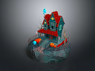 Halloween Themed Blue House with Red Roof Arched Windows Pumpkin Lanterns and Ghost Decorations 3d model