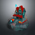 Halloween Themed Blue House with Red Roof Arched Windows Pumpkin Lanterns and Ghost Decorations