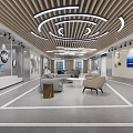 Modern Exhibition Space Interior With Wooden Strip Ceiling Circular Light Strips Sofa And Display Cabinets