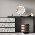 Modern Vanity Table With Marble Patterned Drawers Round Mirror And Brown Stool 3d model