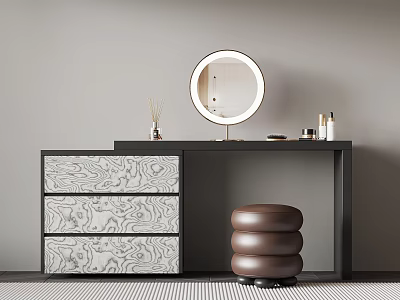 Modern Vanity Table With Marble Patterned Drawers Round Mirror And Brown Stool 3d model
