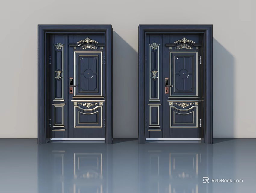 Elegant Dark Blue Swing Doors With Golden Carvings And Decorative Frames 3d model 