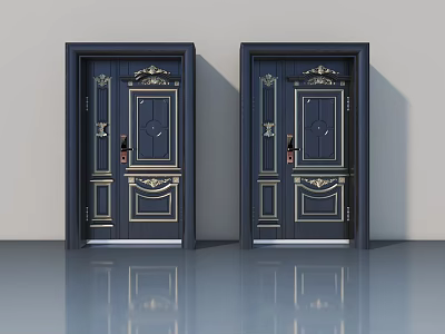 Elegant Dark Blue Swing Doors With Golden Carvings And Decorative Frames 3d model