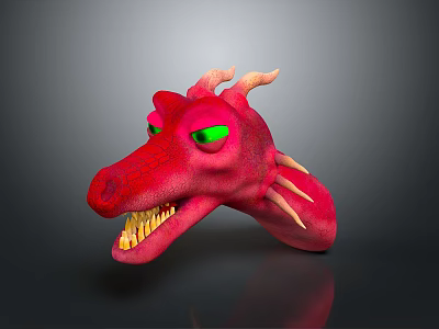 Fierce Red Dragon Head With Green Eyes Yellow Teeth Horns And Spiked Fins 3d model