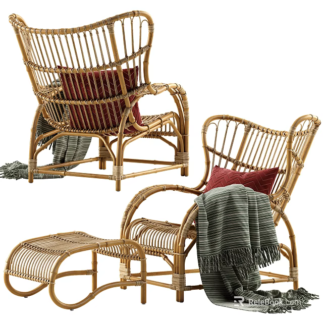 Rattan Leisure Chair with Red Cushion Striped Blanket and Matching Ottoman for Cozy Seating 3d model 