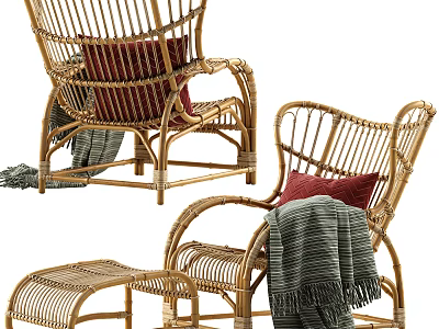 Rattan Leisure Chair with Red Cushion Striped Blanket and Matching Ottoman for Cozy Seating 3d model