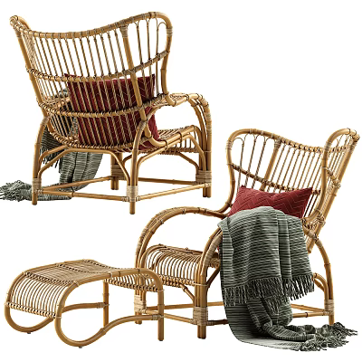 Rattan Leisure Chair with Red Cushion Striped Blanket and Matching Ottoman for Cozy Seating 3d model