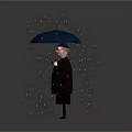 Man Standing in Rain Holding Blue Umbrella Wearing Suit and Tie with Briefcase Near Puddles