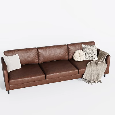 Brown Leather Multi Seater Sofa With Decorative Pillows And Throw Blanket 3d model