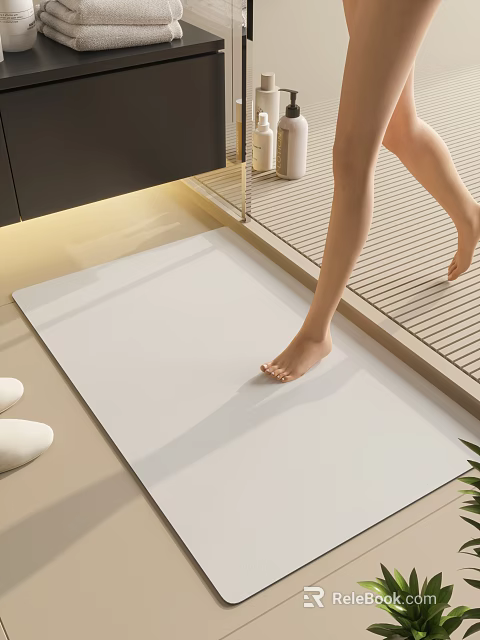 Bathroom Interior With White Floor Mat And Barefoot Stepping On Wooden Floor Pebble Decor 3d model 