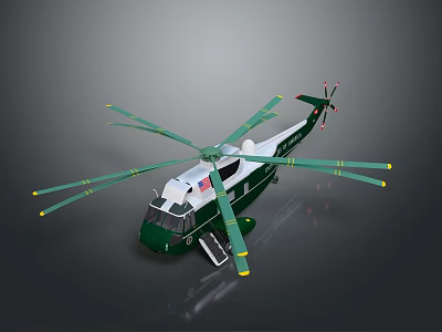 Green And White Helicopter Exterior With American Flag And Rotors Design 3d model