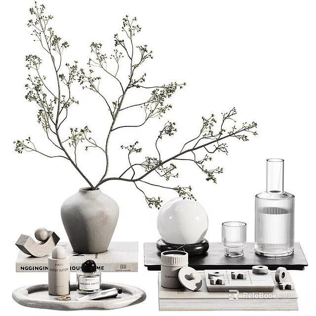 Elegant Decorative Ornament Set with Ceramic Vase Twigs Glassware Books and Tray 3d model 