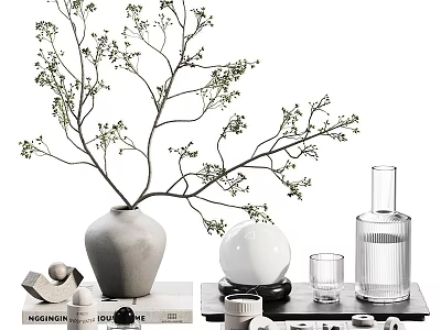 Elegant Decorative Ornament Set with Ceramic Vase Twigs Glassware Books and Tray 3d model