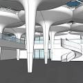 Modern Architectural Design With White Curved Roof Structures Glass Curtain Walls And Spiral Staircase
