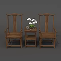 Traditional Wooden Tea Table And Chairs With White Flowers In Small Vase