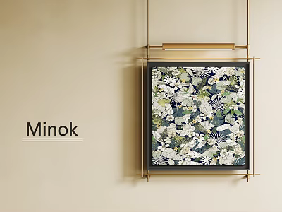 Botanical Painting With Gold Frame Hanging On Beige Wall Featuring White Green Floral Leaves 3d model