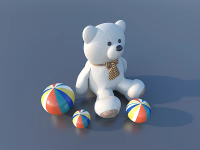 White Teddy Bear Plush Toy With Bow Tie And Colorful Beach Balls 3d model