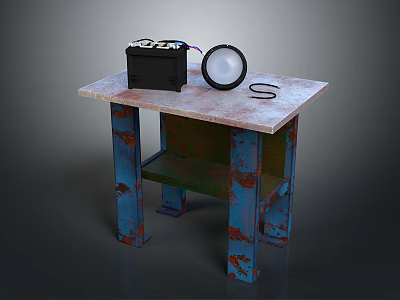 Worn Wooden Table With Blue Rusty Legs Black Box And White Round Object 3d model