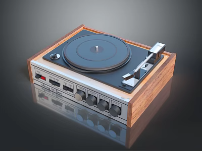 Vintage Wooden Turntable With Black Platter Control Knobs And Switches 3d model