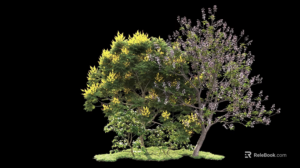 Lush Arbor Trees With Yellow And Purple Blooms Green Leaves And Grass Ground 3d model 