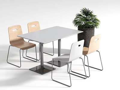 Dining Table Set Featuring White Top Light Wooden White Chairs Metal Legs And Green Plant 3d model