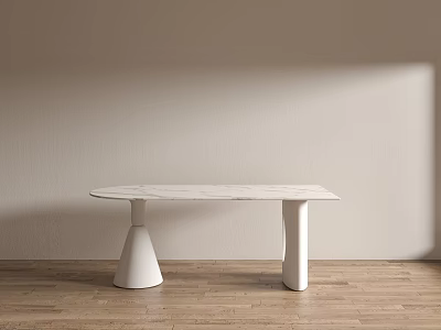 Modern Minimalist Dining Table With Marble Top And Conical Cylindrical Legs On Wooden Floor 3d model