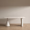 Modern Minimalist Dining Table With Marble Top And Conical Cylindrical Legs On Wooden Floor