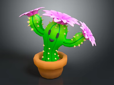 Green Cactus Plant With Smiling Face Yellow Thorns Pink Flowers And Brown Pot 3d model