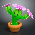 Green Cactus Plant With Smiling Face Yellow Thorns Pink Flowers And Brown Pot