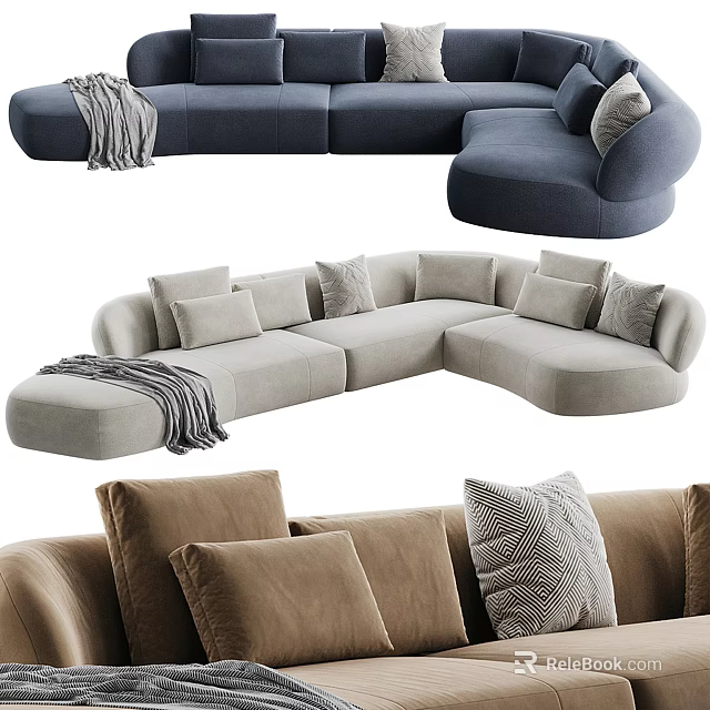 Modern Sectional Sofa in Blue Light Gray Brown with Pillows and Throw Blanket 3d model 