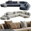 Modern Sectional Sofa in Blue Light Gray Brown with Pillows and Throw Blanket 3d model