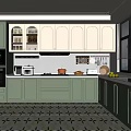 Green And Beige Kitchen Interior With Open Glass Cabinets White Countertop And Geometric Tiled Floor