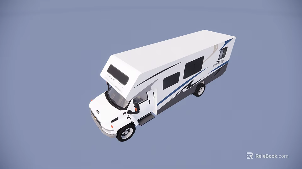 Modern White RV With Blue Stripes And Large Windows Exterior Design 3d model 