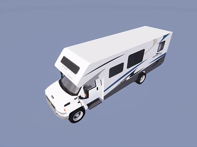 Modern White RV With Blue Stripes And Large Windows Exterior Design 3d model