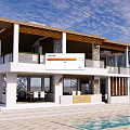 Two Story Restaurant With Thatched Roof White Exterior Balcony And Swimming Pool